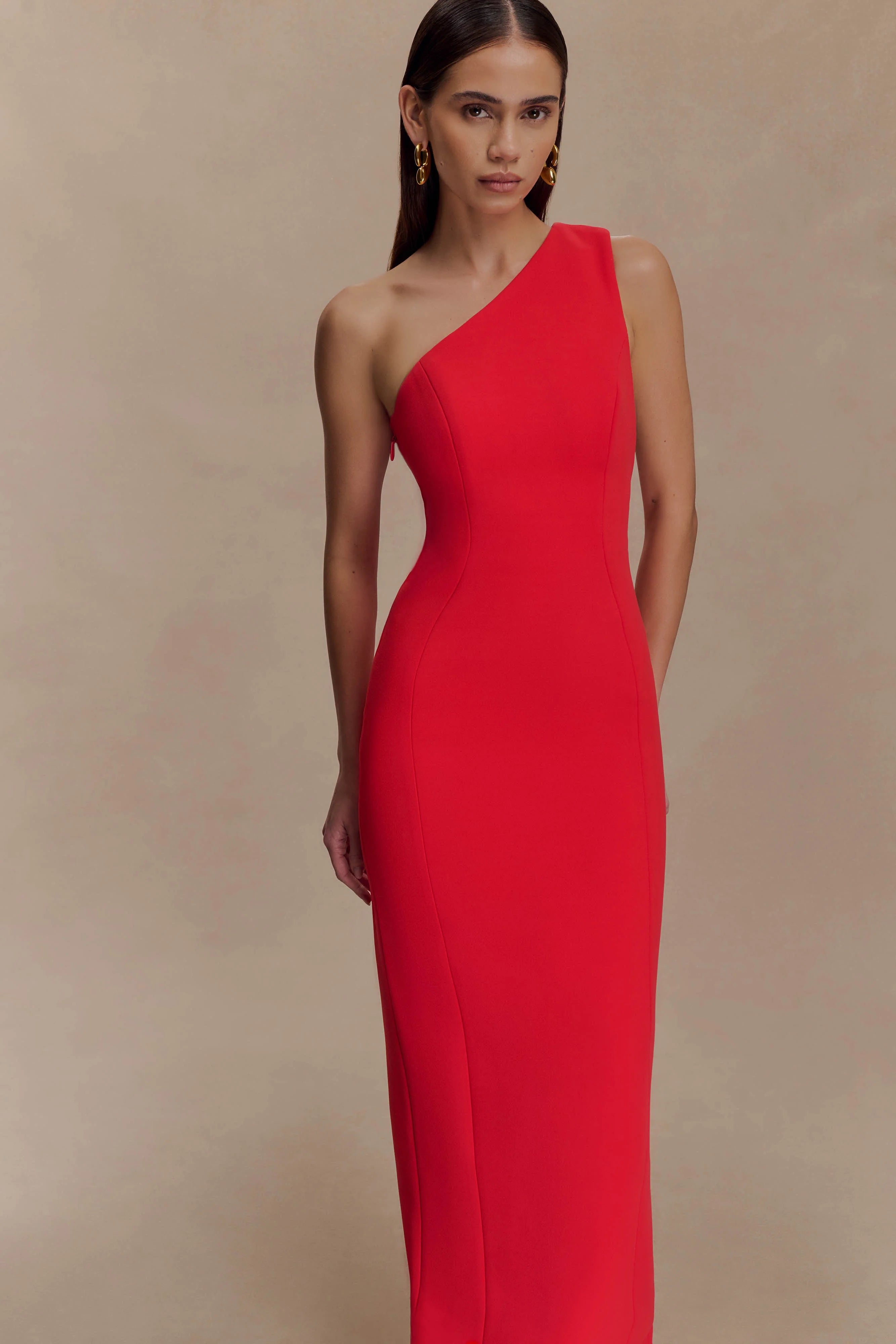 Milena One Shoulder Crepe Maxi Dress - Red