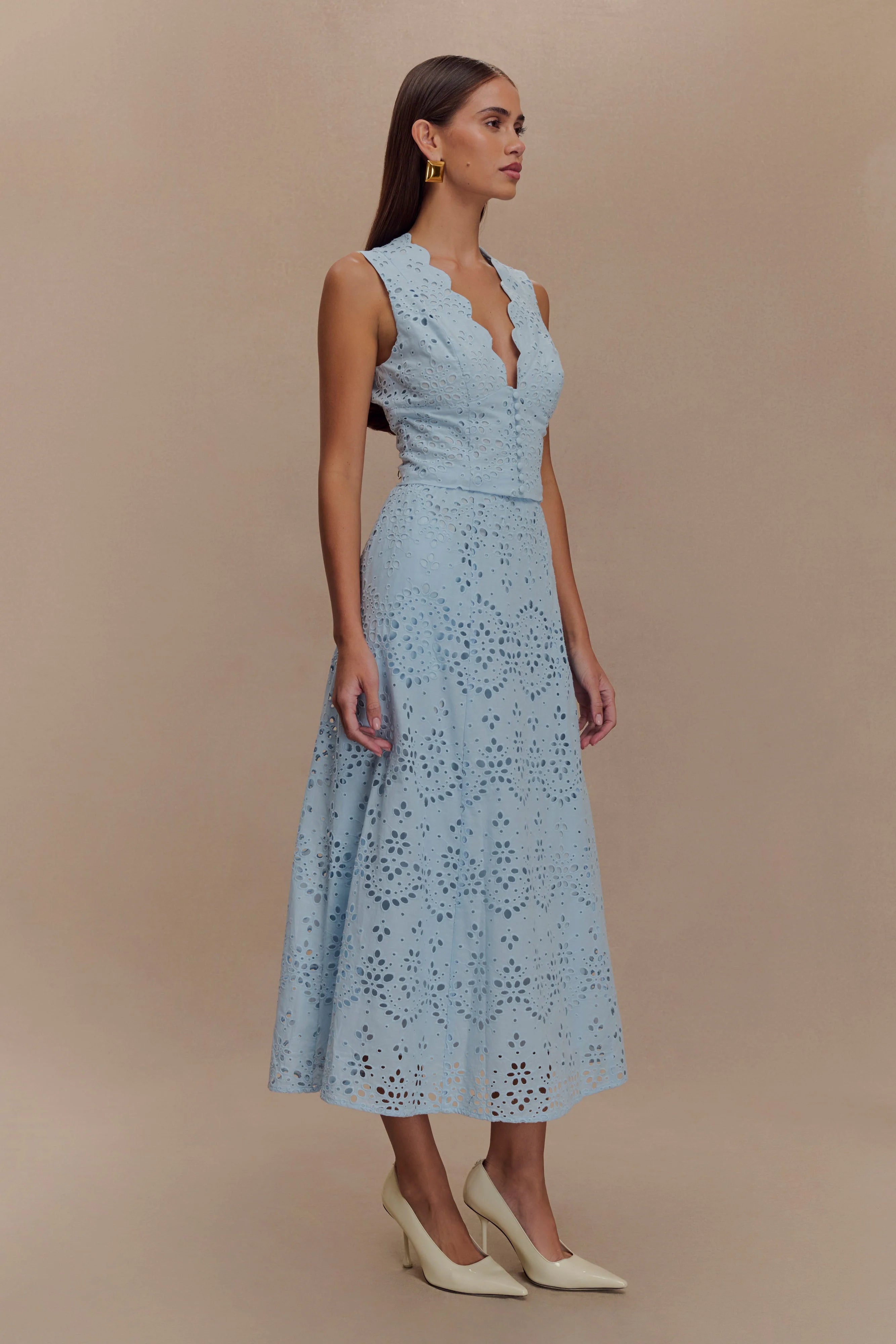 Arla Sleeveless Broderie Top - Pale Cornflower Blue