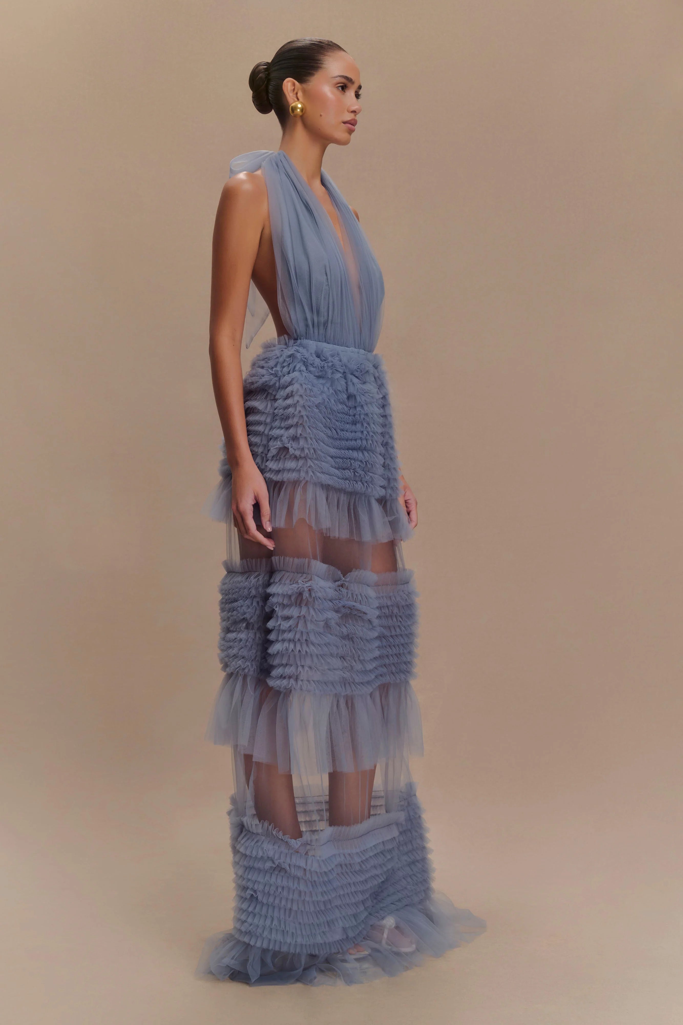 Minka Mesh Ruffle Halter Maxi Dress - Dusty Blue