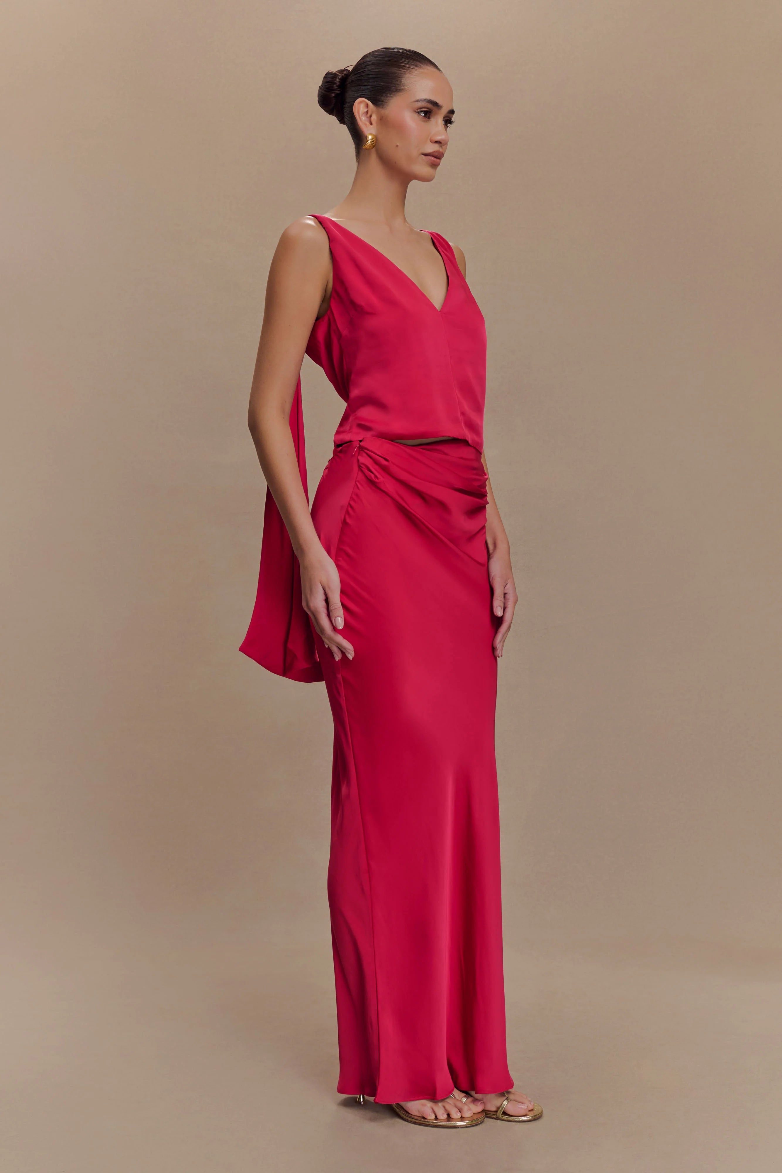 Nicola Satin Tie Sleeveless Top - Pink Cherry