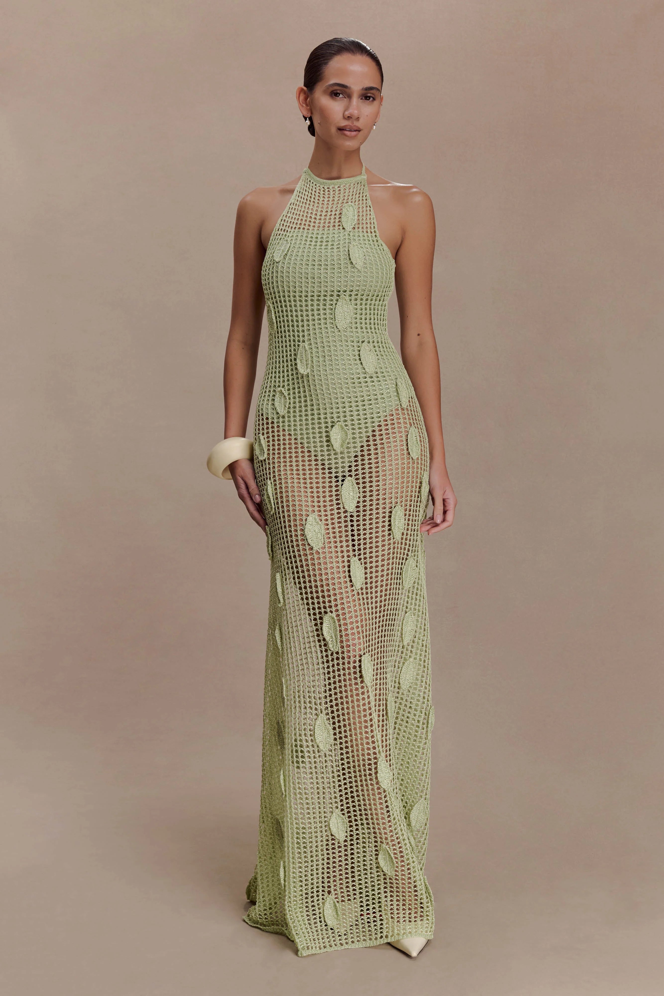 Elfie Crochet Halter Maxi Dress - Pastel Green