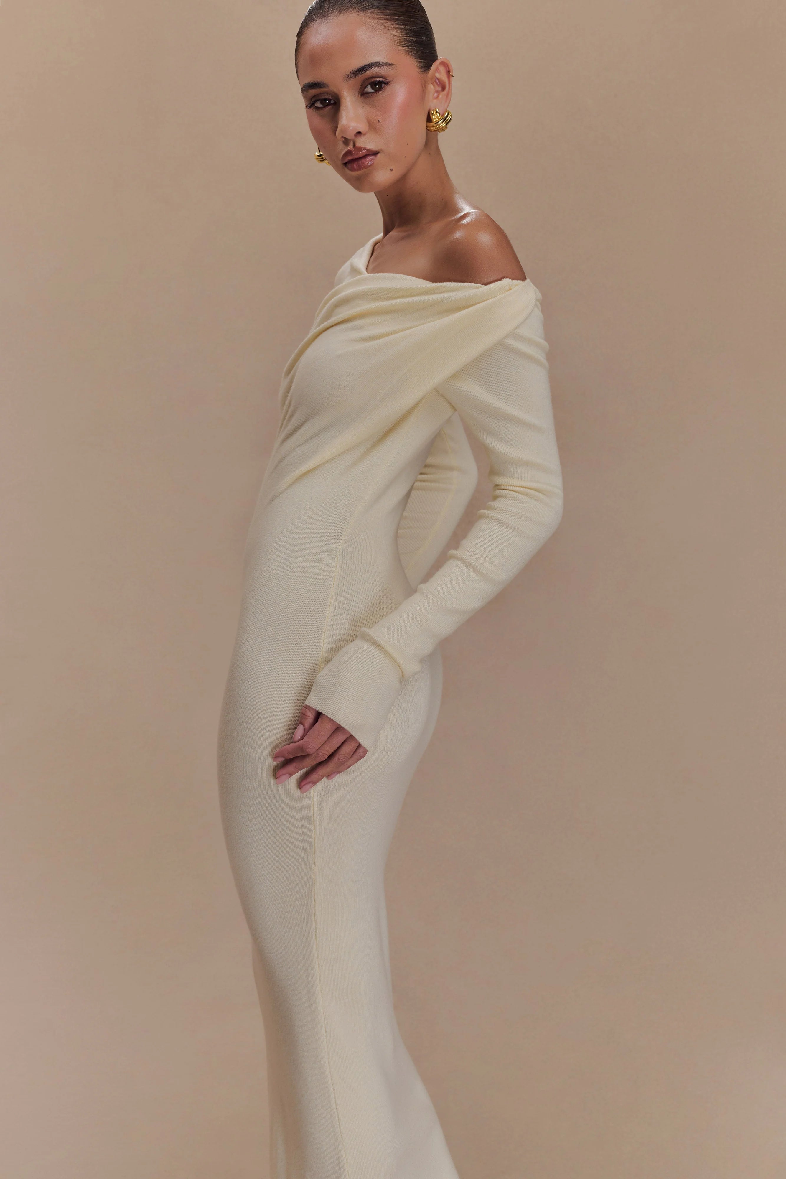 Culver Draped Twist Knit Midi Dress - Cream