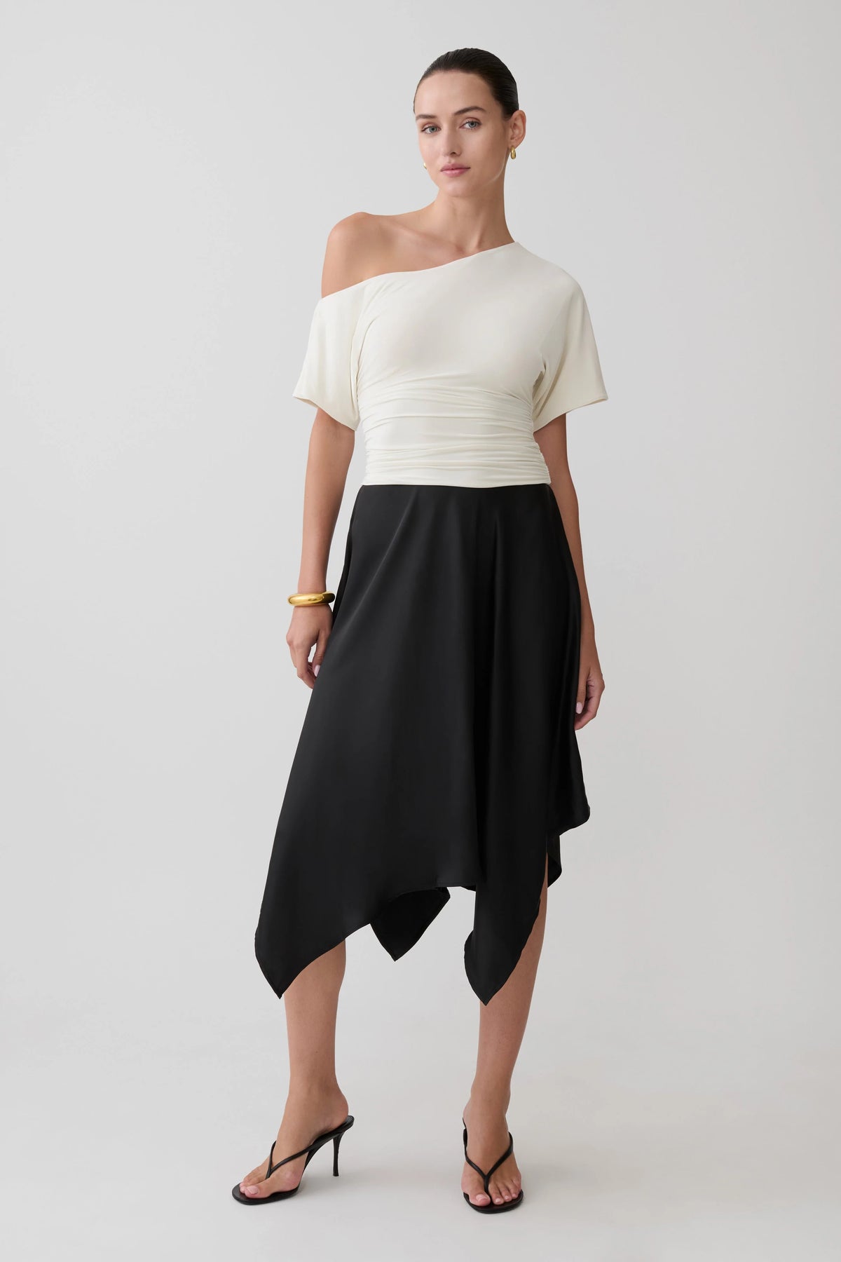 Coralie Asymmetric Satin Midi Skirt - Black