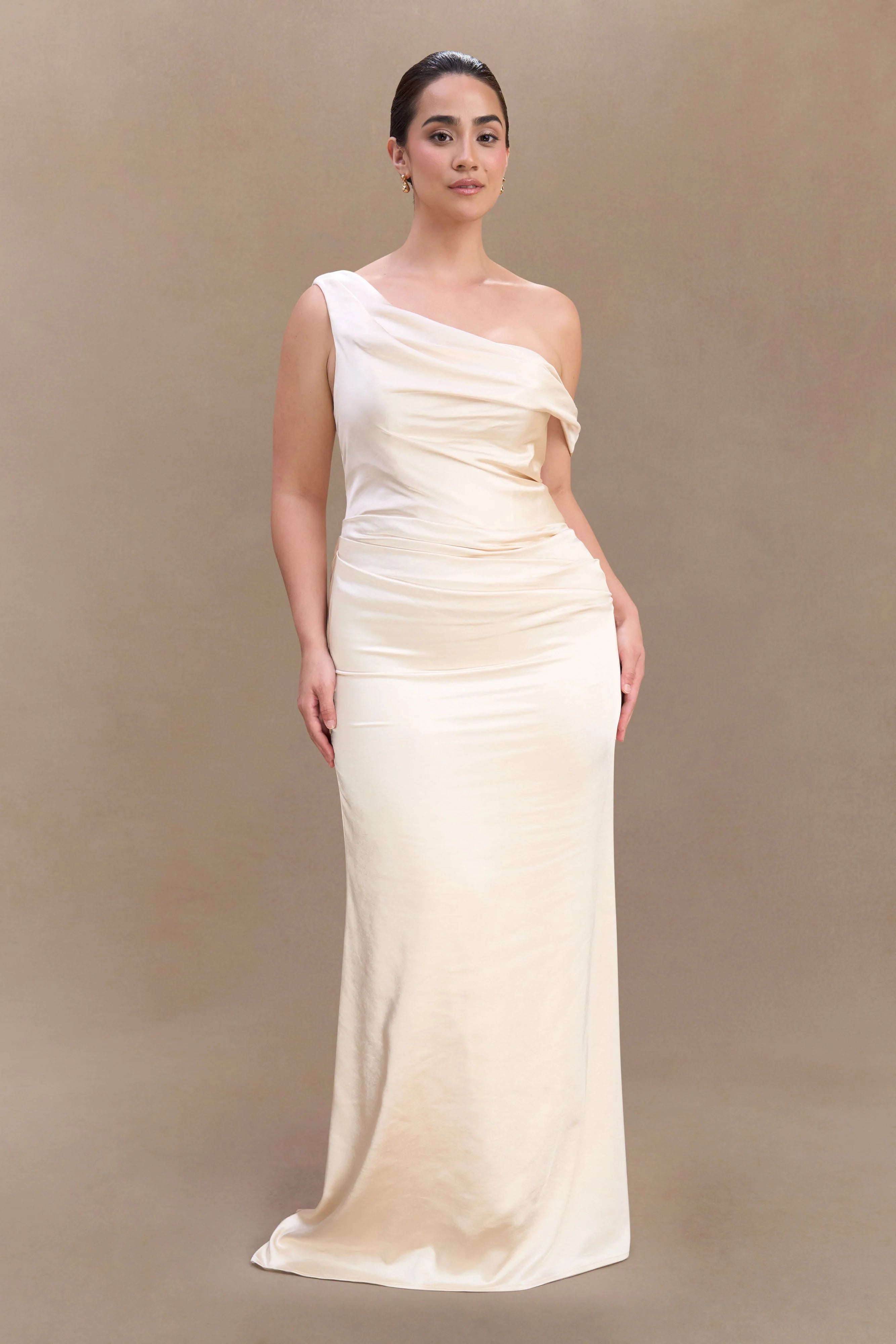 Dalia Off Shoulder Satin Maxi Dress - Blush Gold