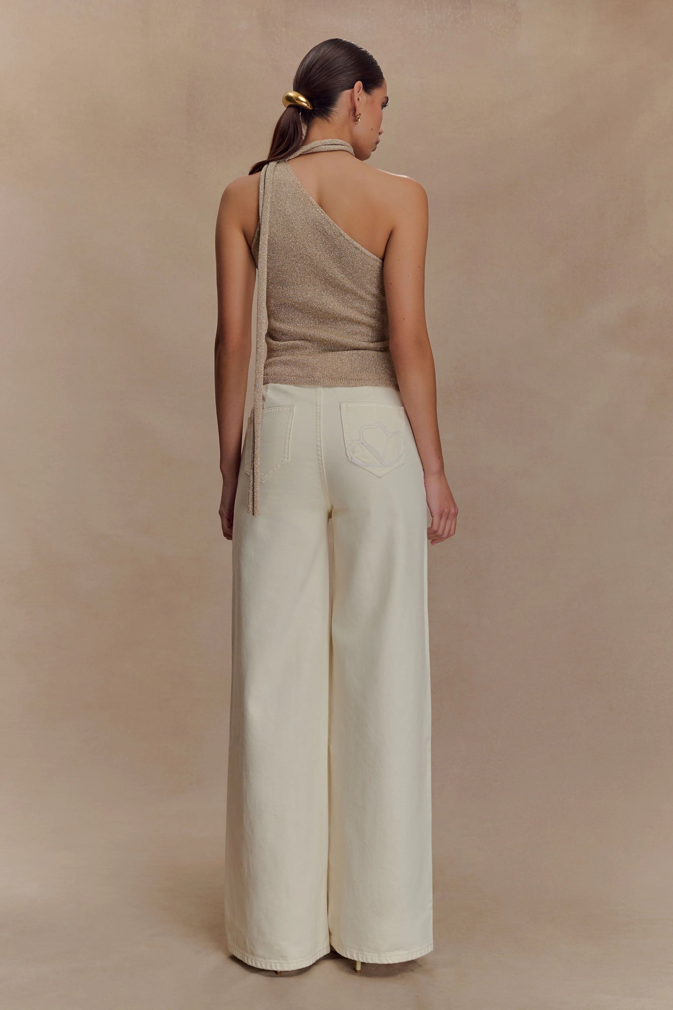 Leone One Shoulder Metallic Knit Top - Gold