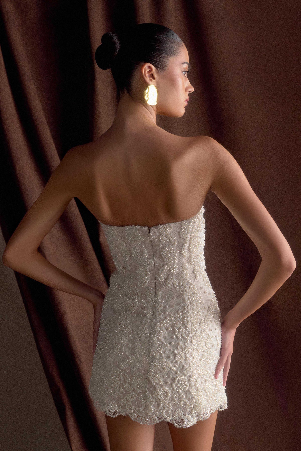Eva Hand Beaded Pearl & Lace Mini Dress - White