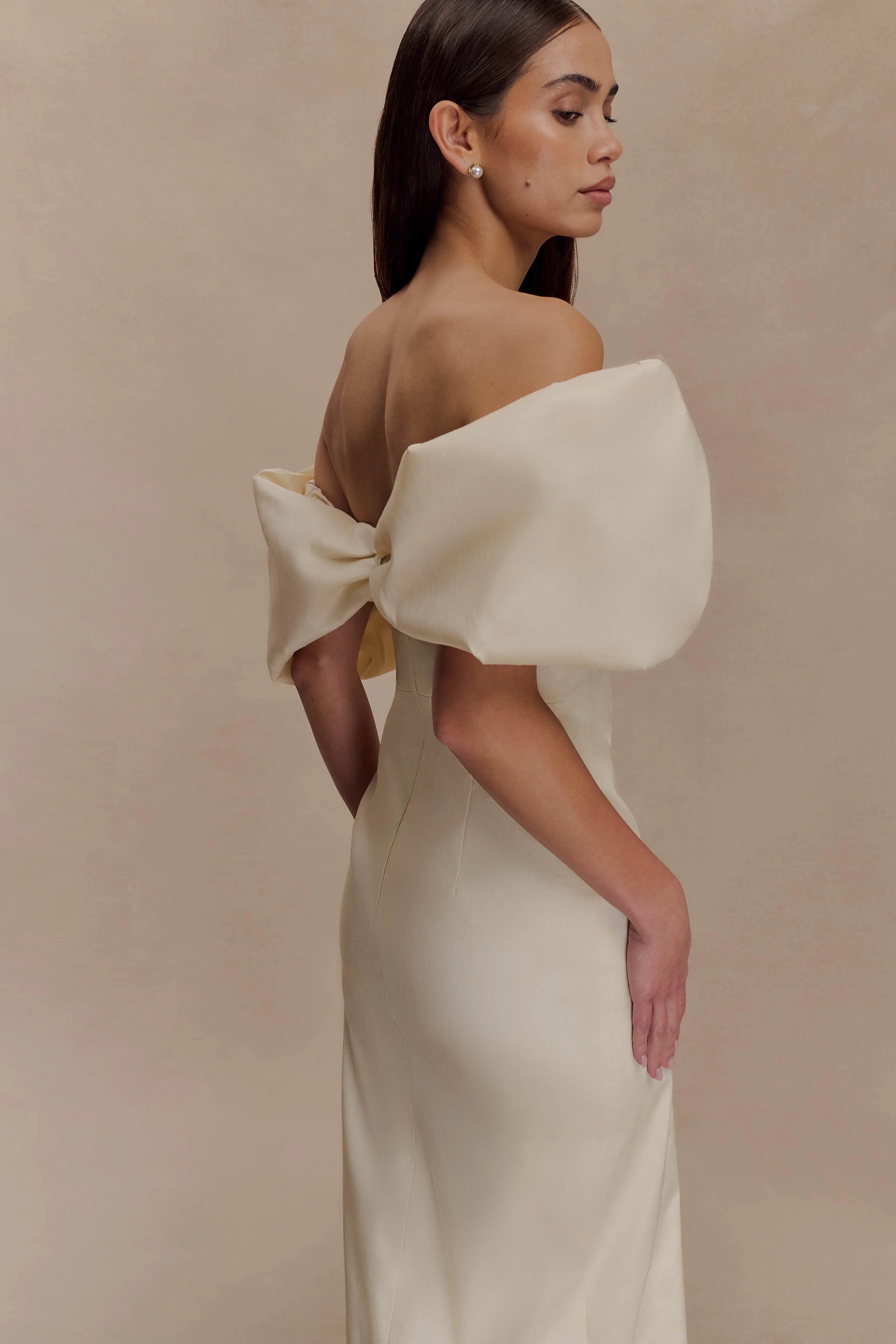 Angelica Taffeta Off Shoulder Bridal Gown - Soft Beige