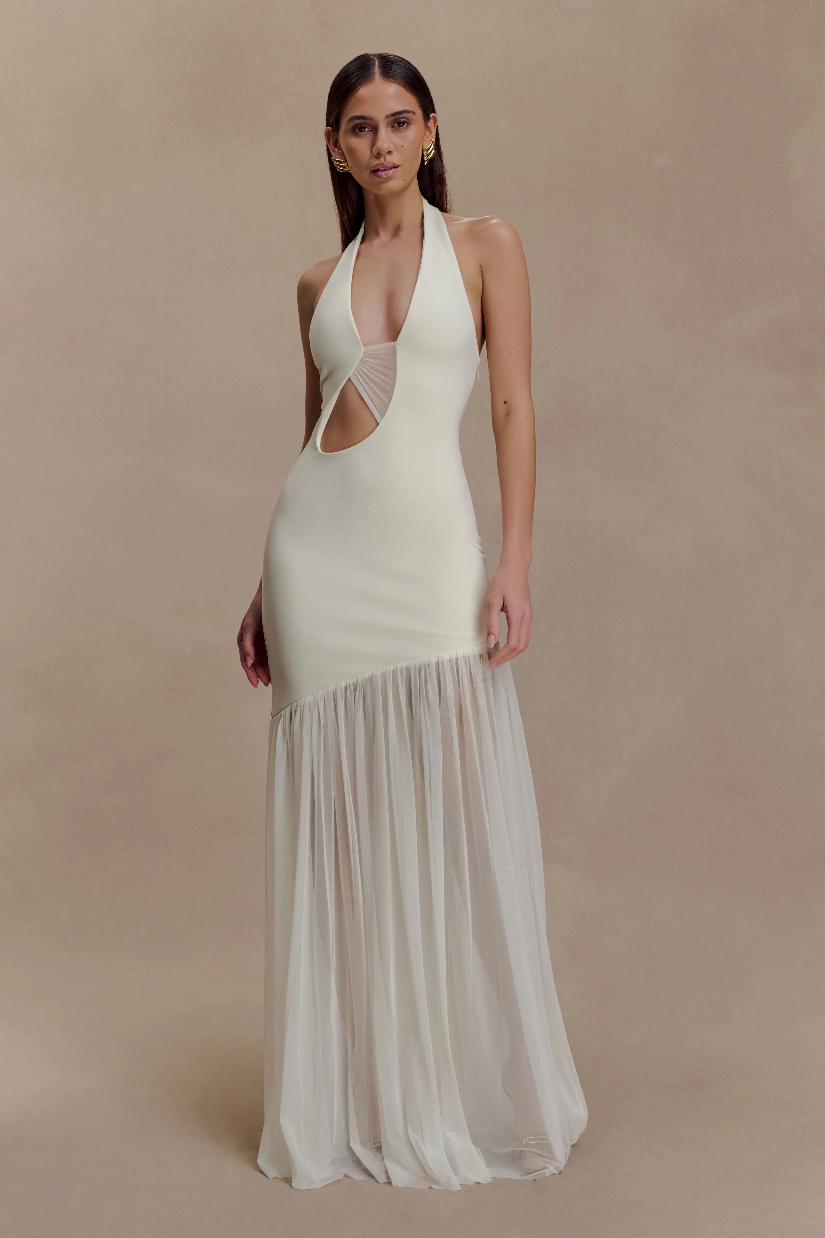 Aubree Crepe And Mesh Maxi Dress - Ivory