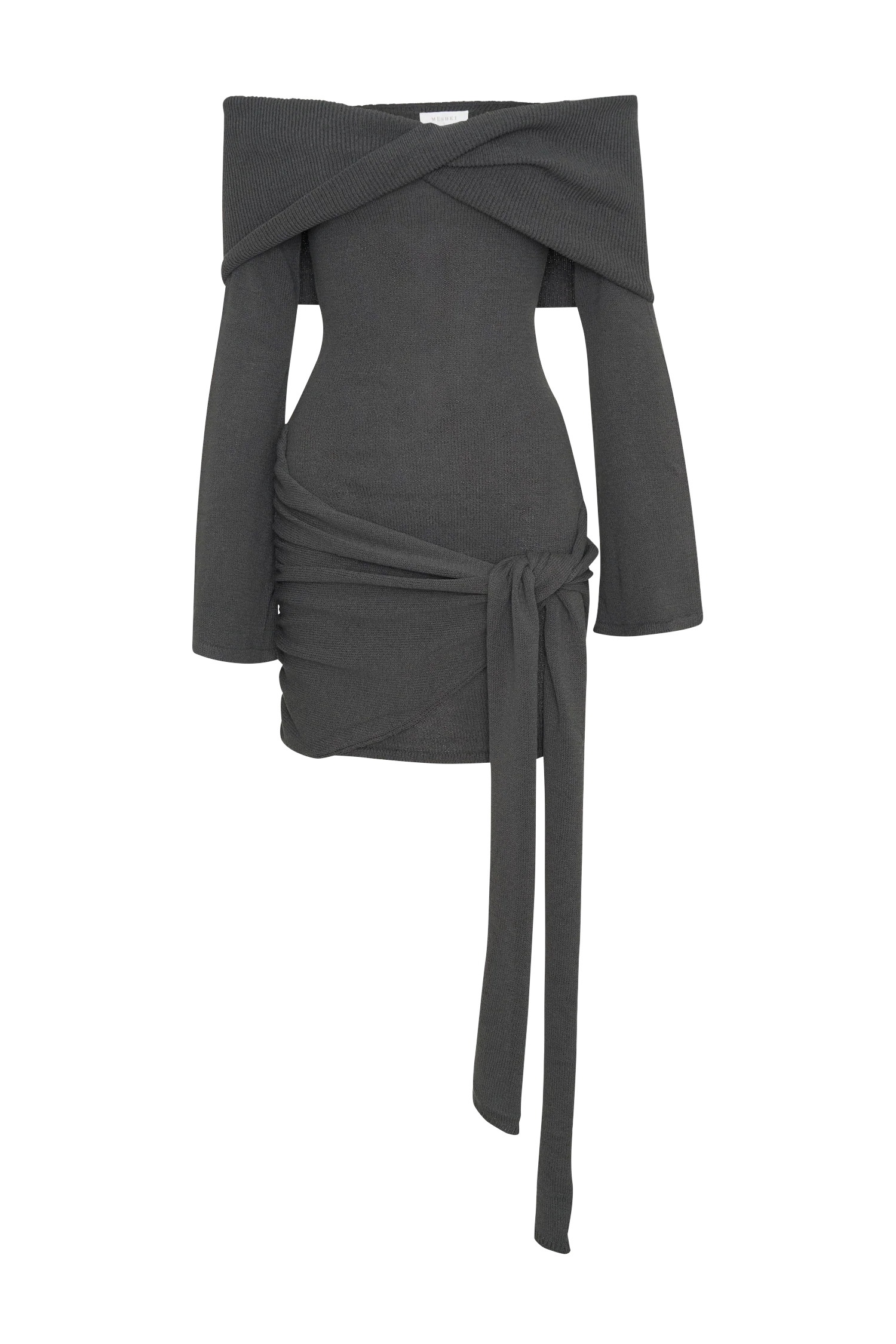 Camryn Off Shoulder Tie Knit Mini Dress - Charcoal