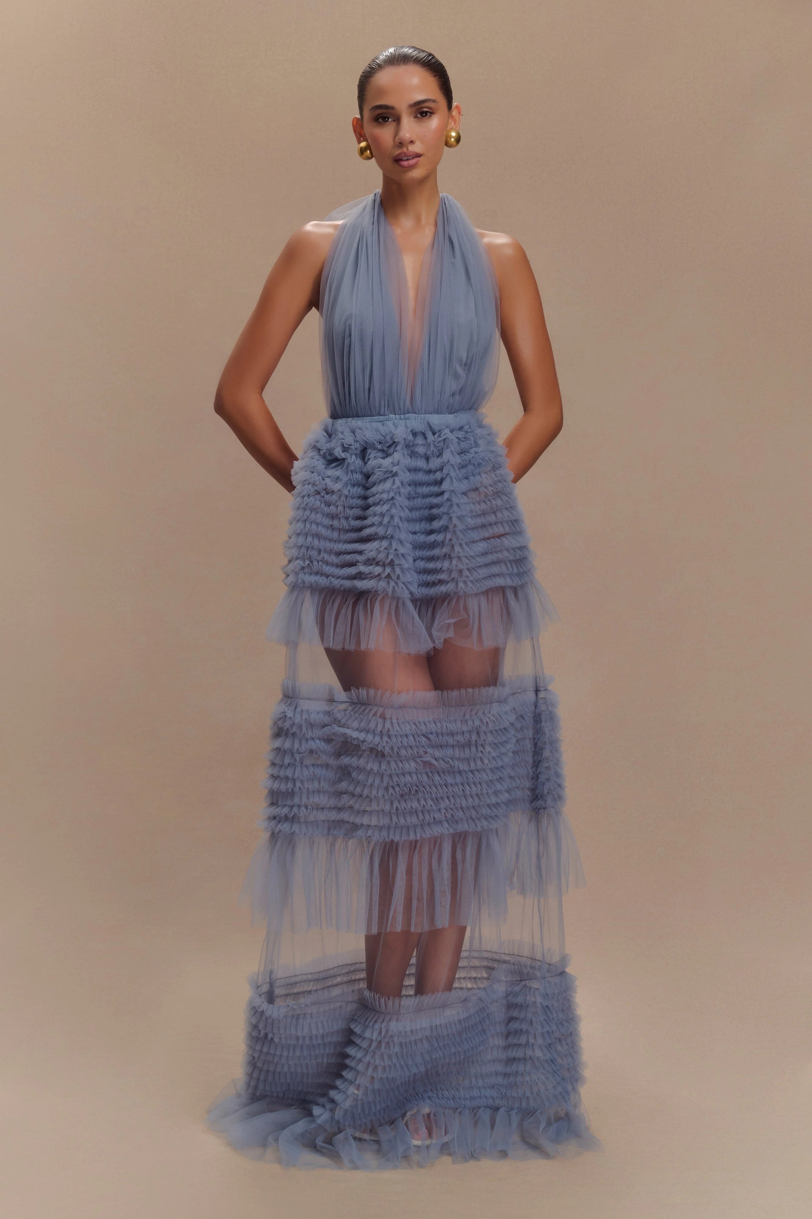 Minka Mesh Ruffle Halter Maxi Dress - Dusty Blue