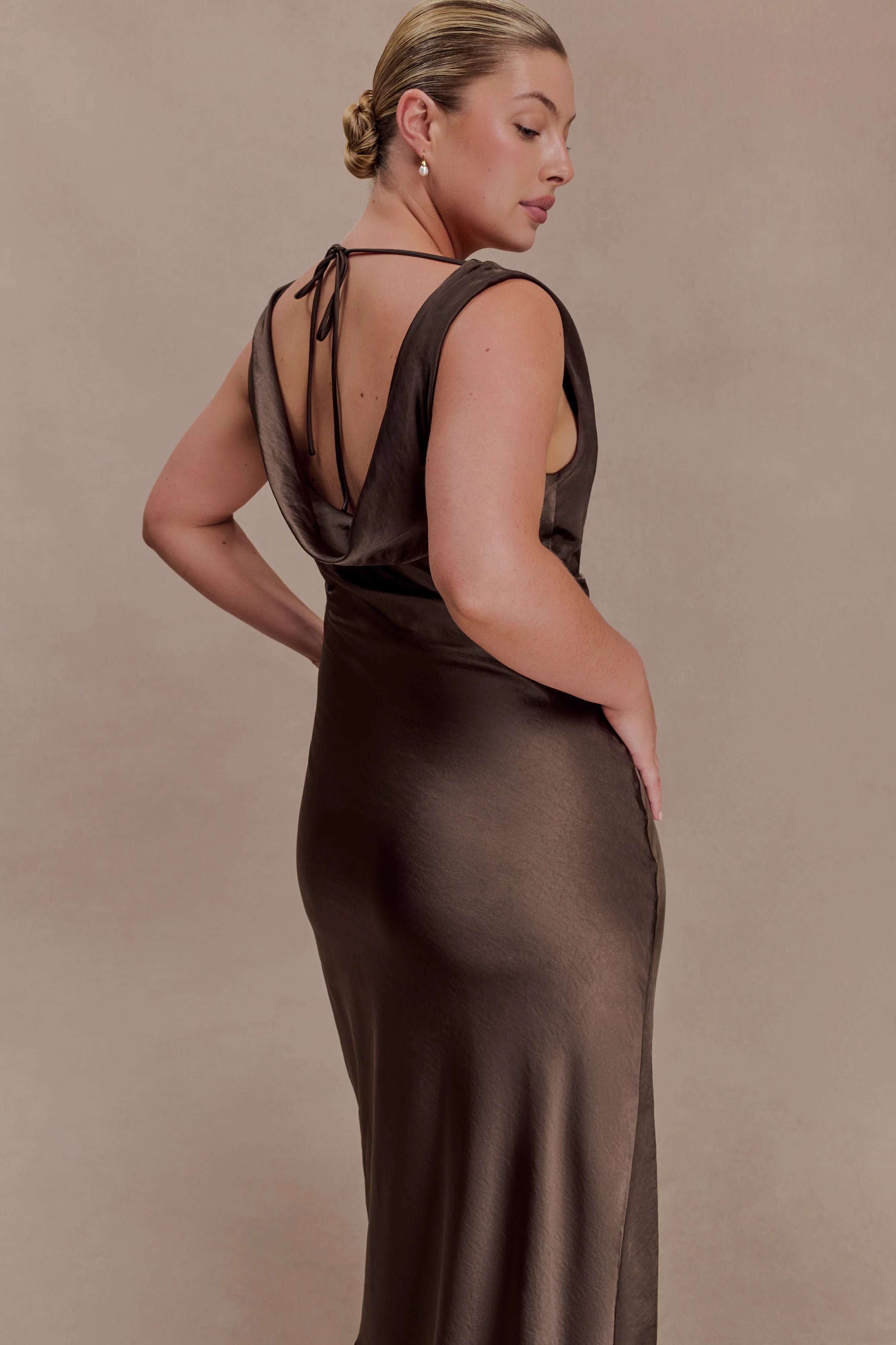 Ashley Cowl Neck Lace And Satin Maxi Dress - Mocha