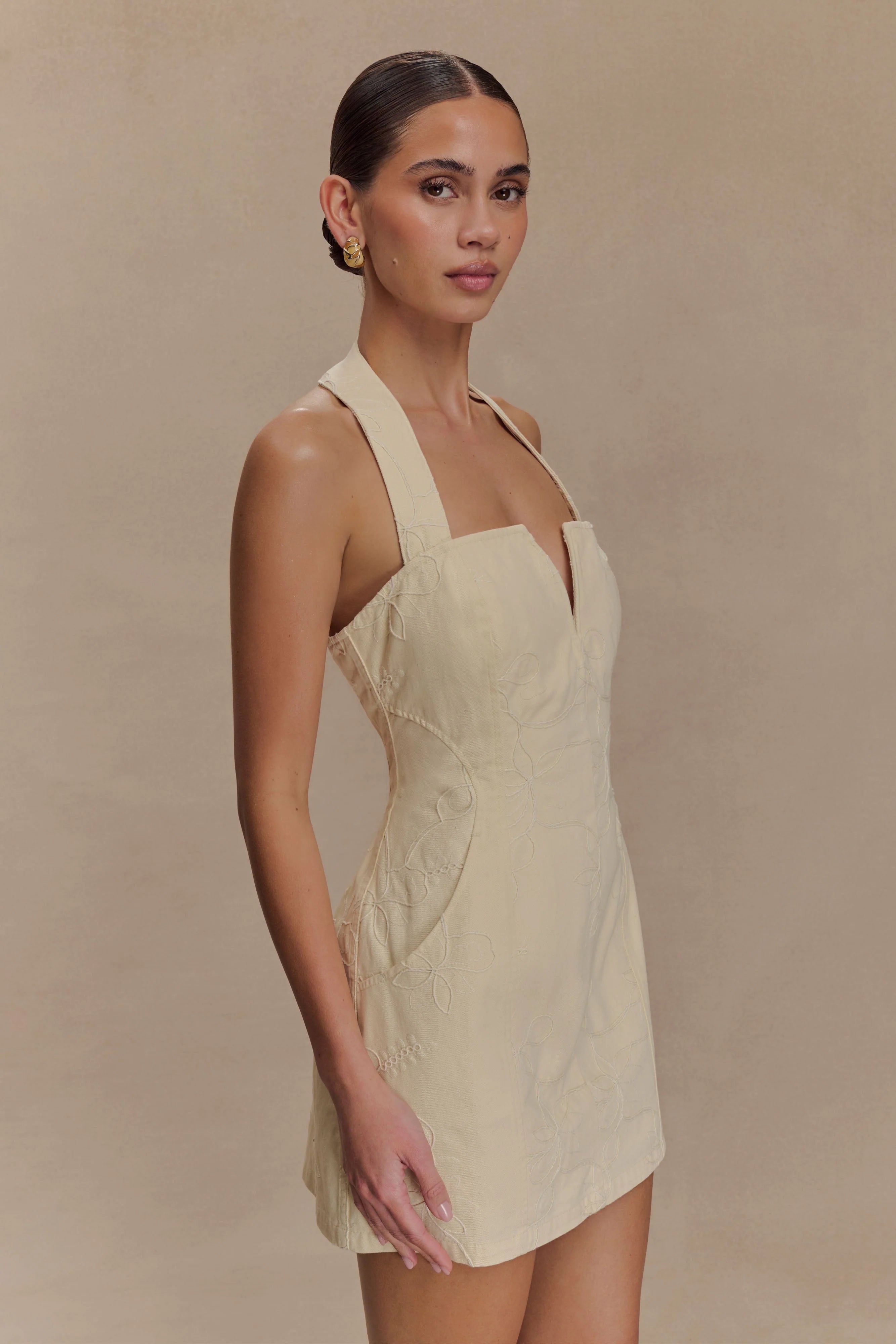 Ebony Embroidered Denim Mini Dress - Cream