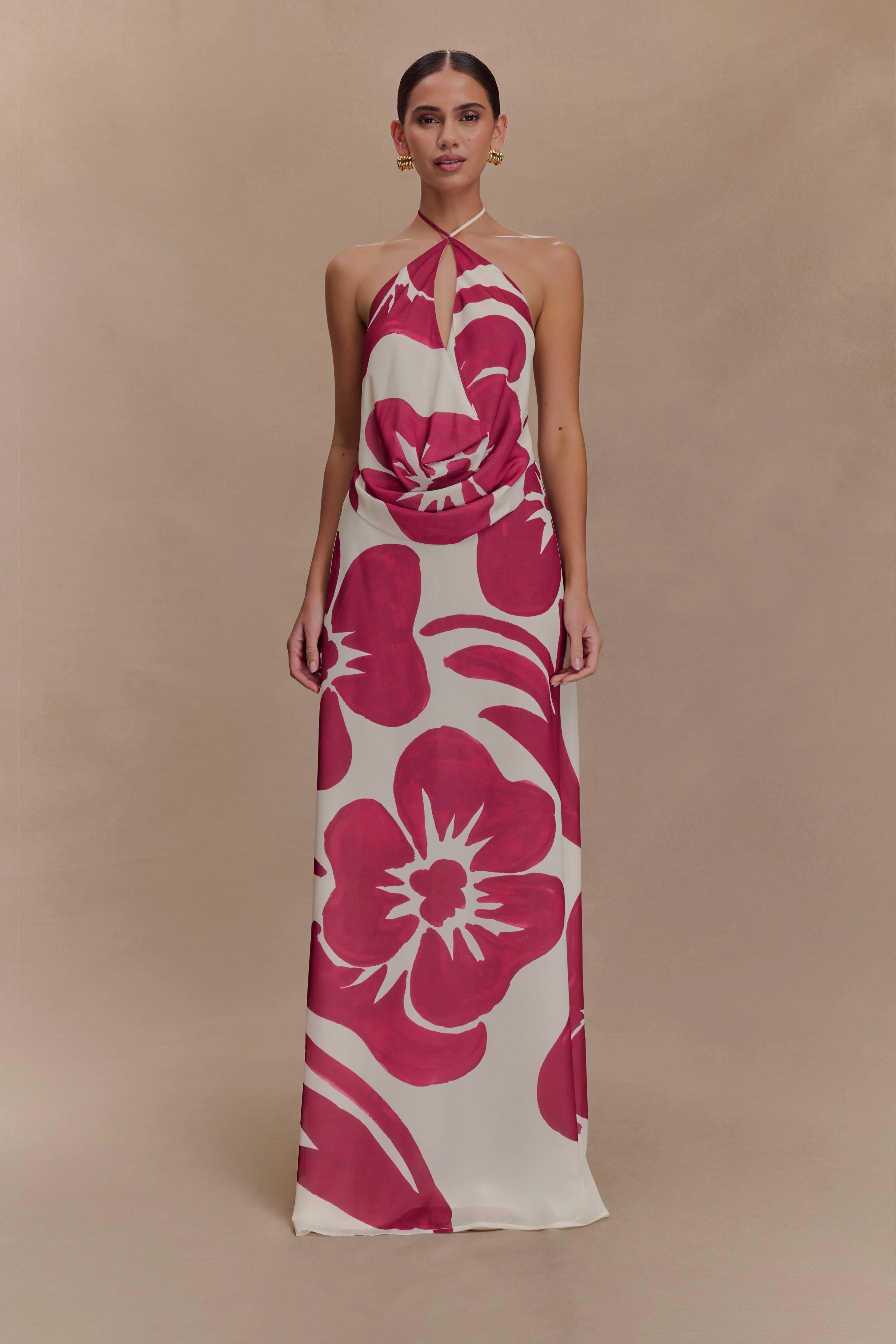 Katalina Chiffon Cowl Halter Top - Red Deco Fleur Print
