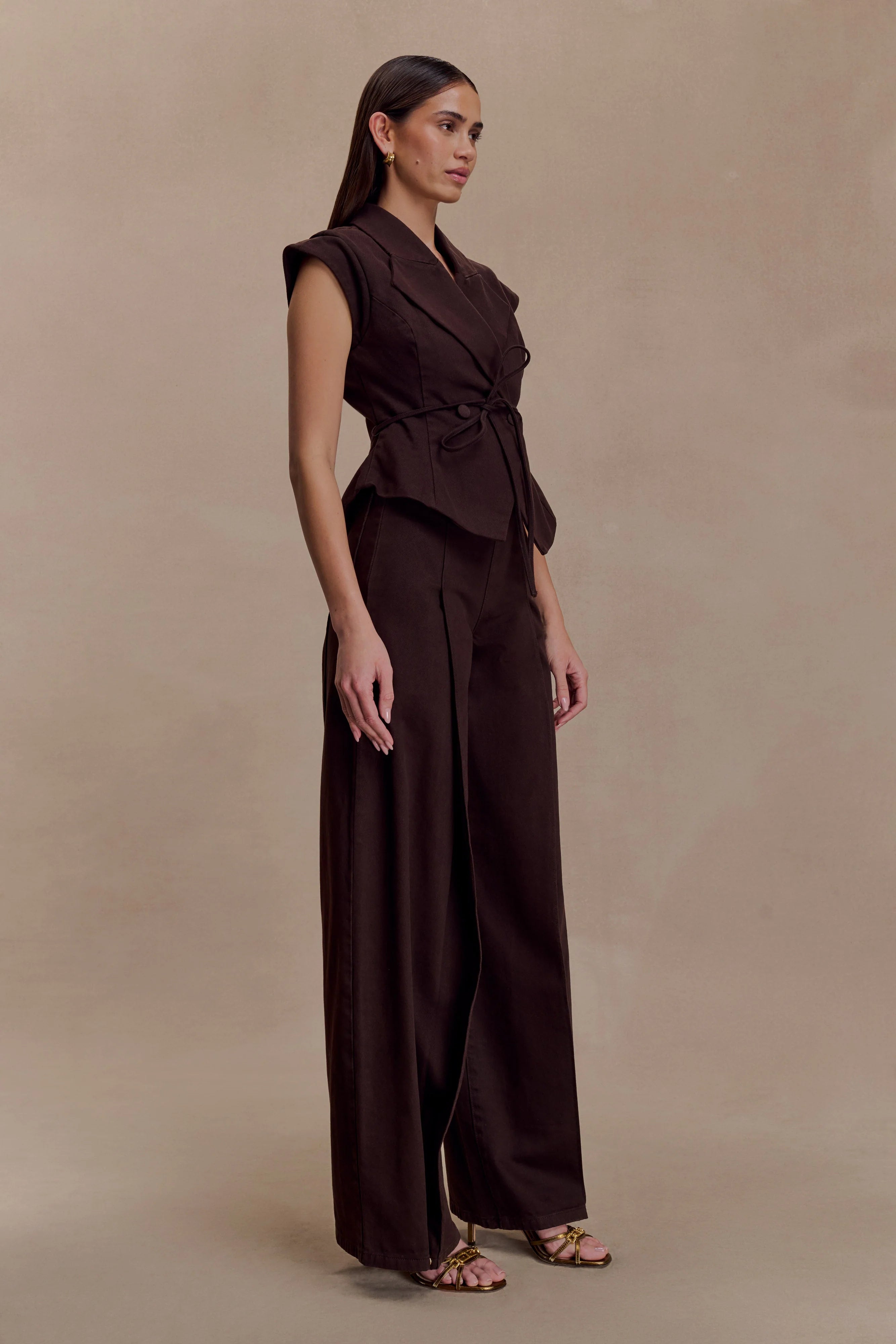Charley Structured Tie Denim Top - Chocolate
