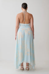 Cyra Plunge Chiffon Midi Dress - Blue Floral Print
