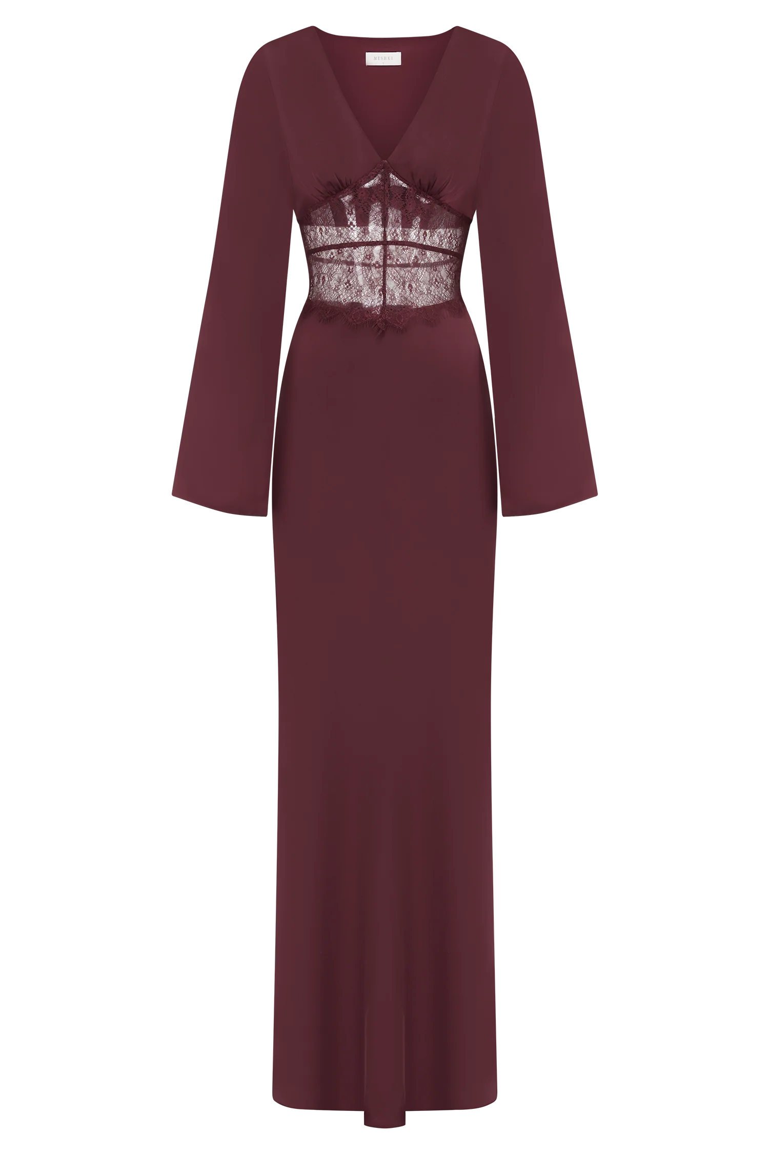Kaya Long Sleeve Satin And Mesh Maxi Dress - Wine
