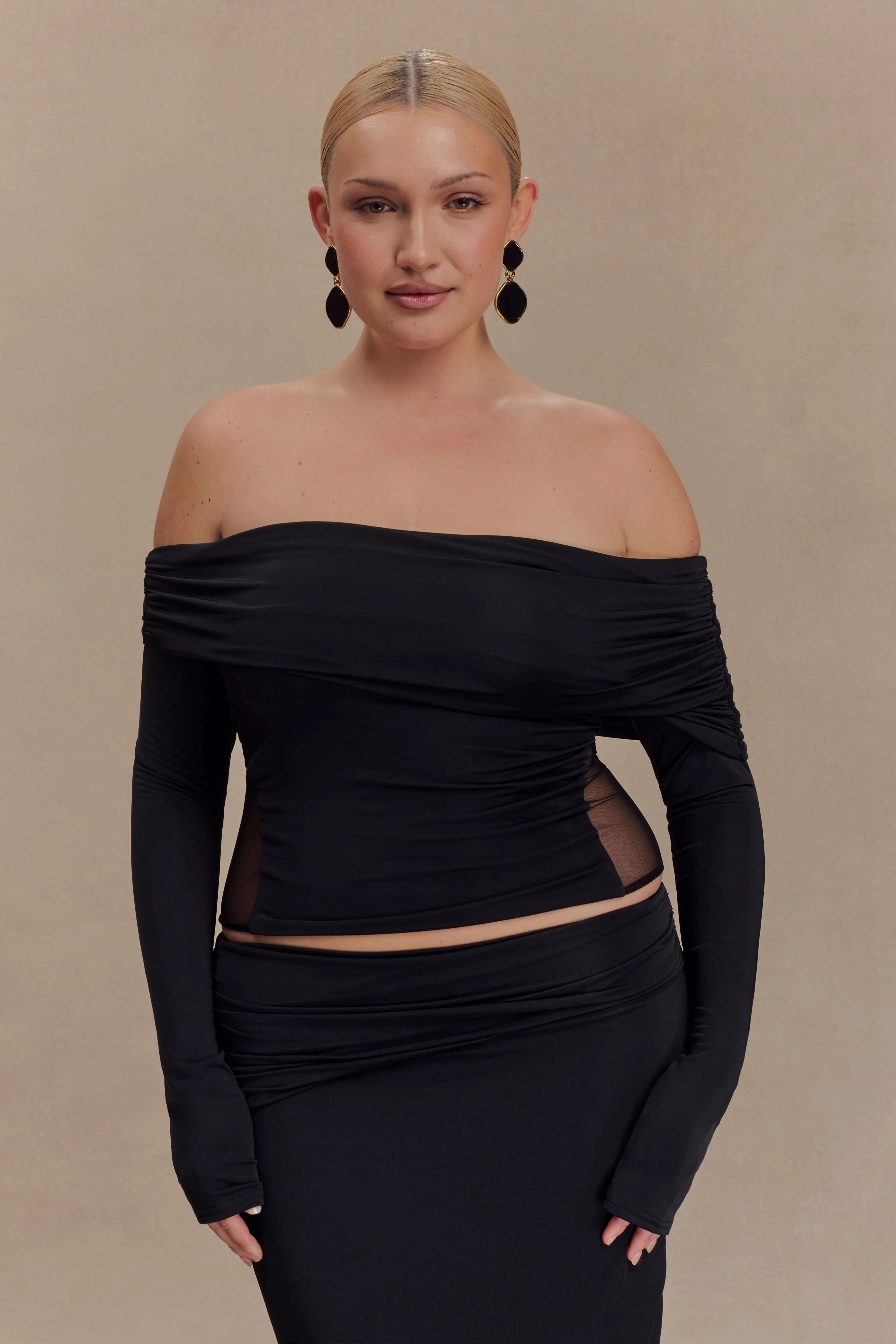 Judy Slinky And Mesh Off Shoulder Top - Black