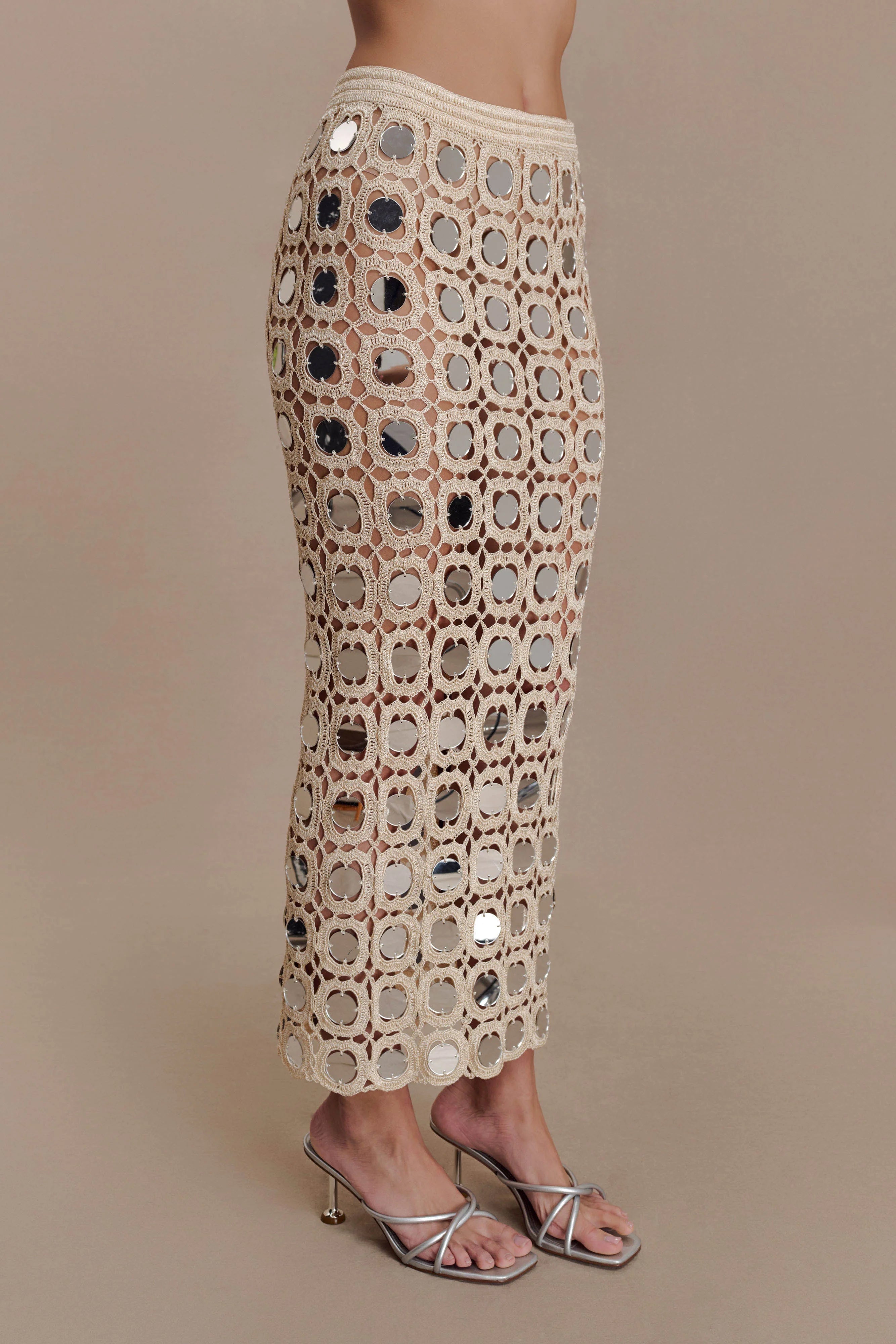 Noel Mirror Knit Midi Skirt - Beige
