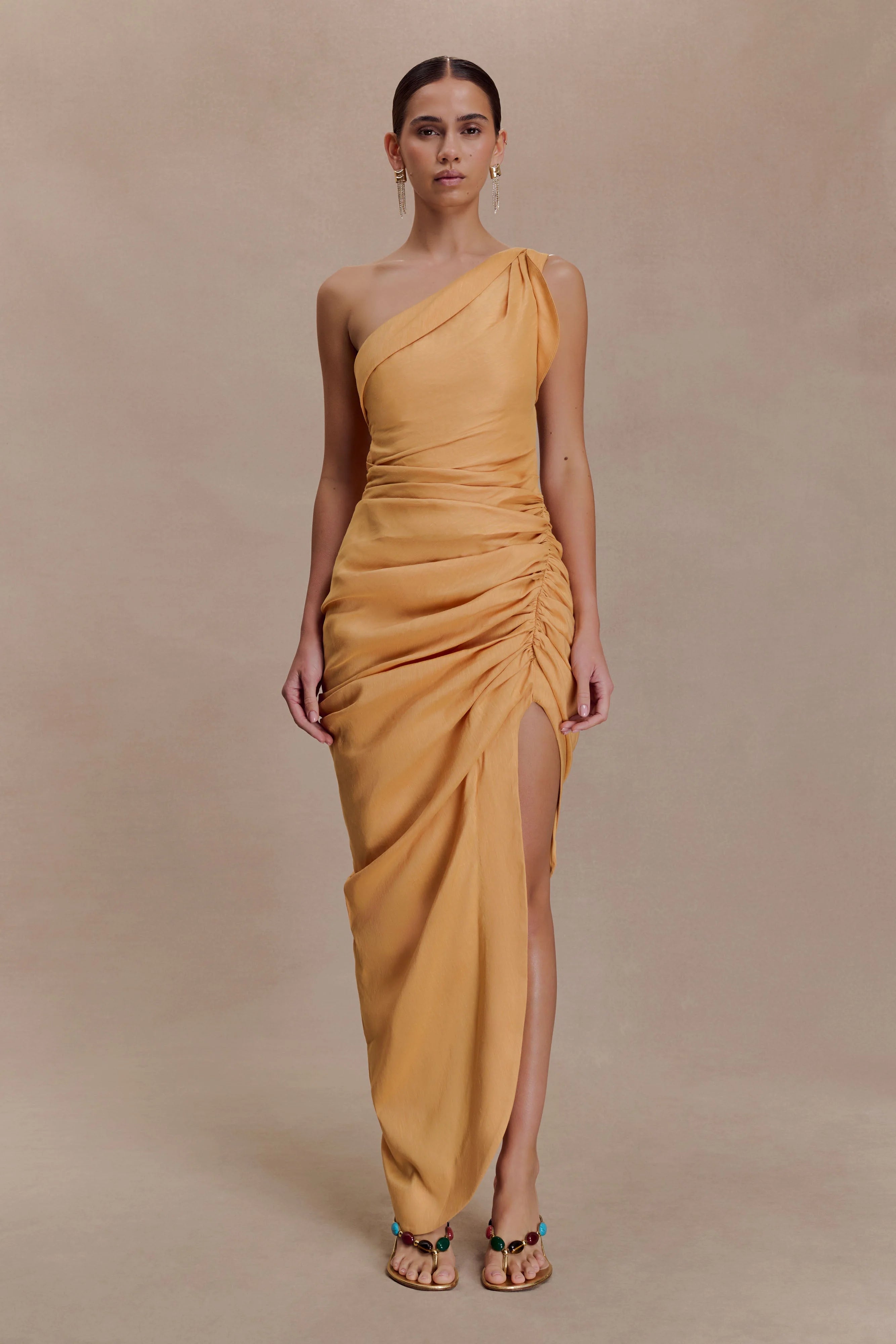 Birgit Linen Midi Dress With Hardware - Deep Peach