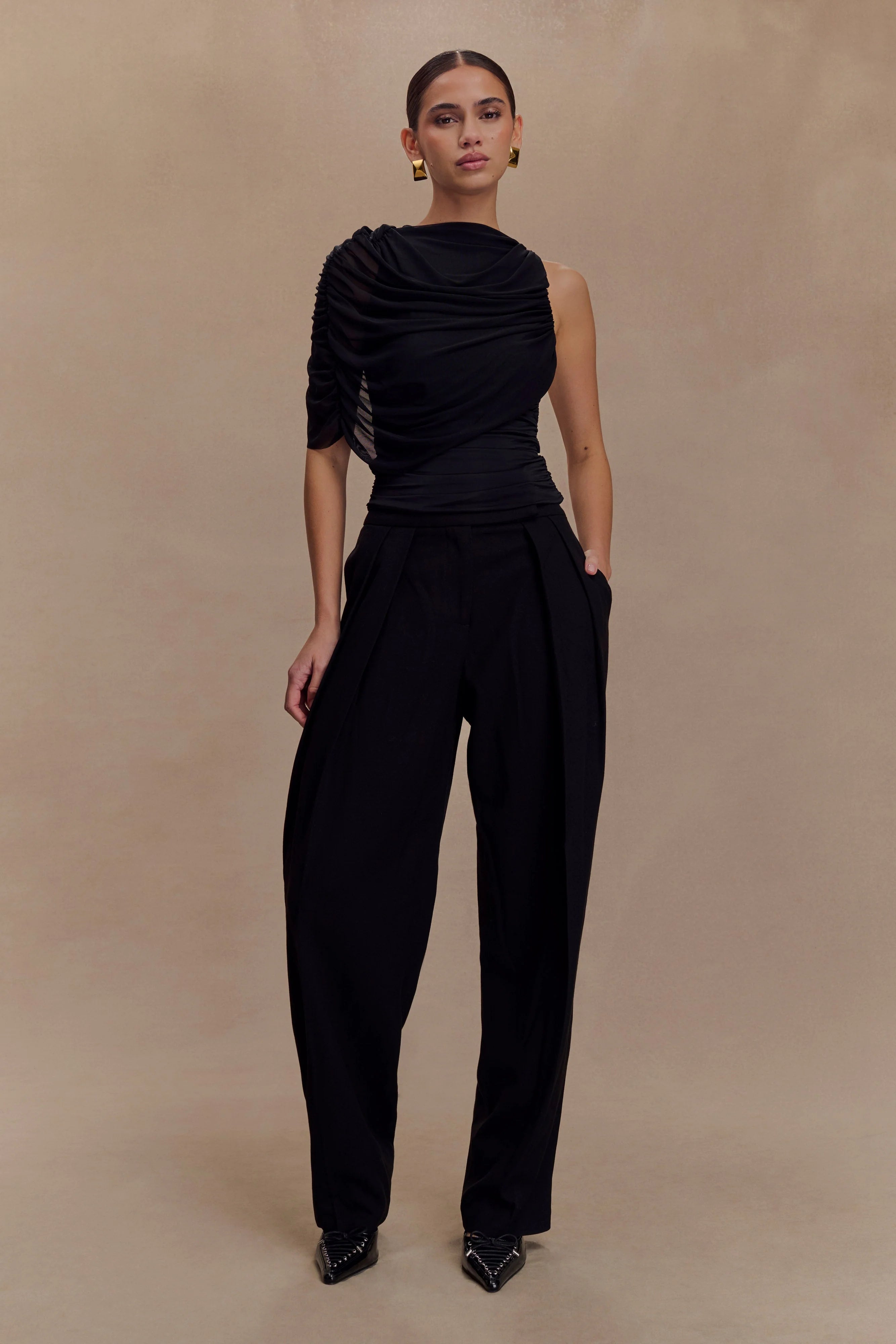 Pruedance Slinky Draped Top With Mesh Overlay - Black