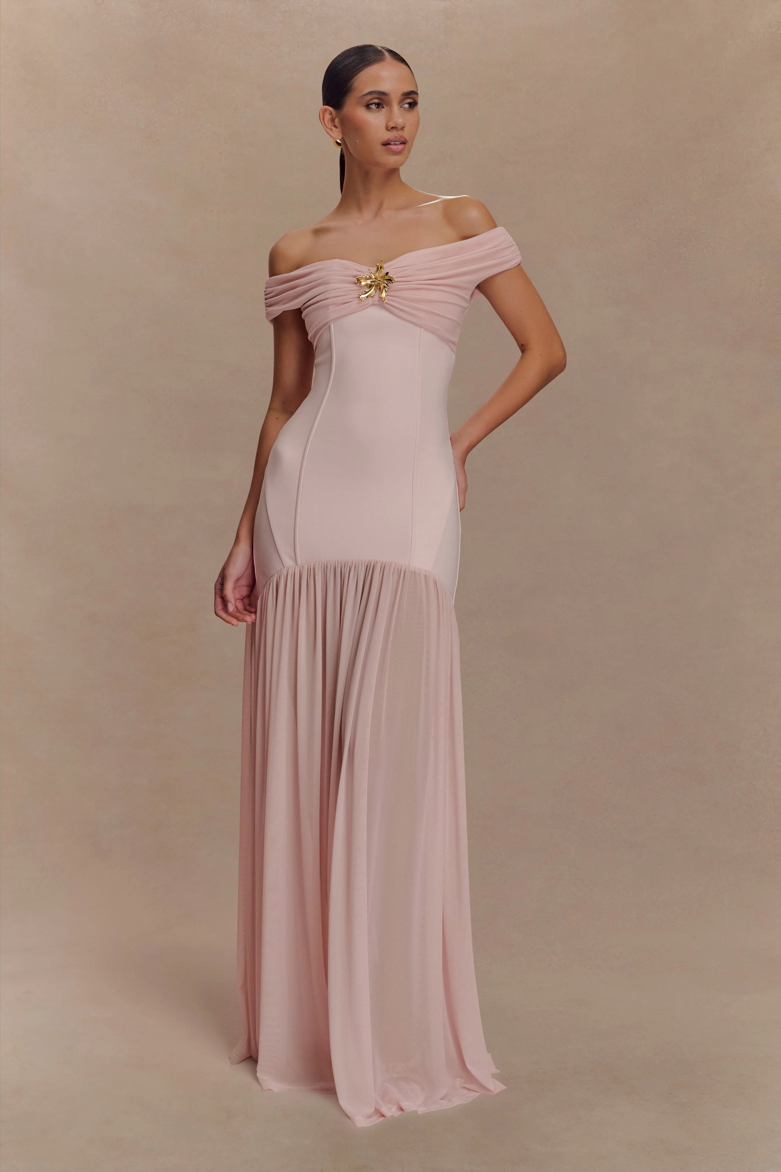 Kellie Off Shoulder Crepe Maxi Dress - Blush Pink