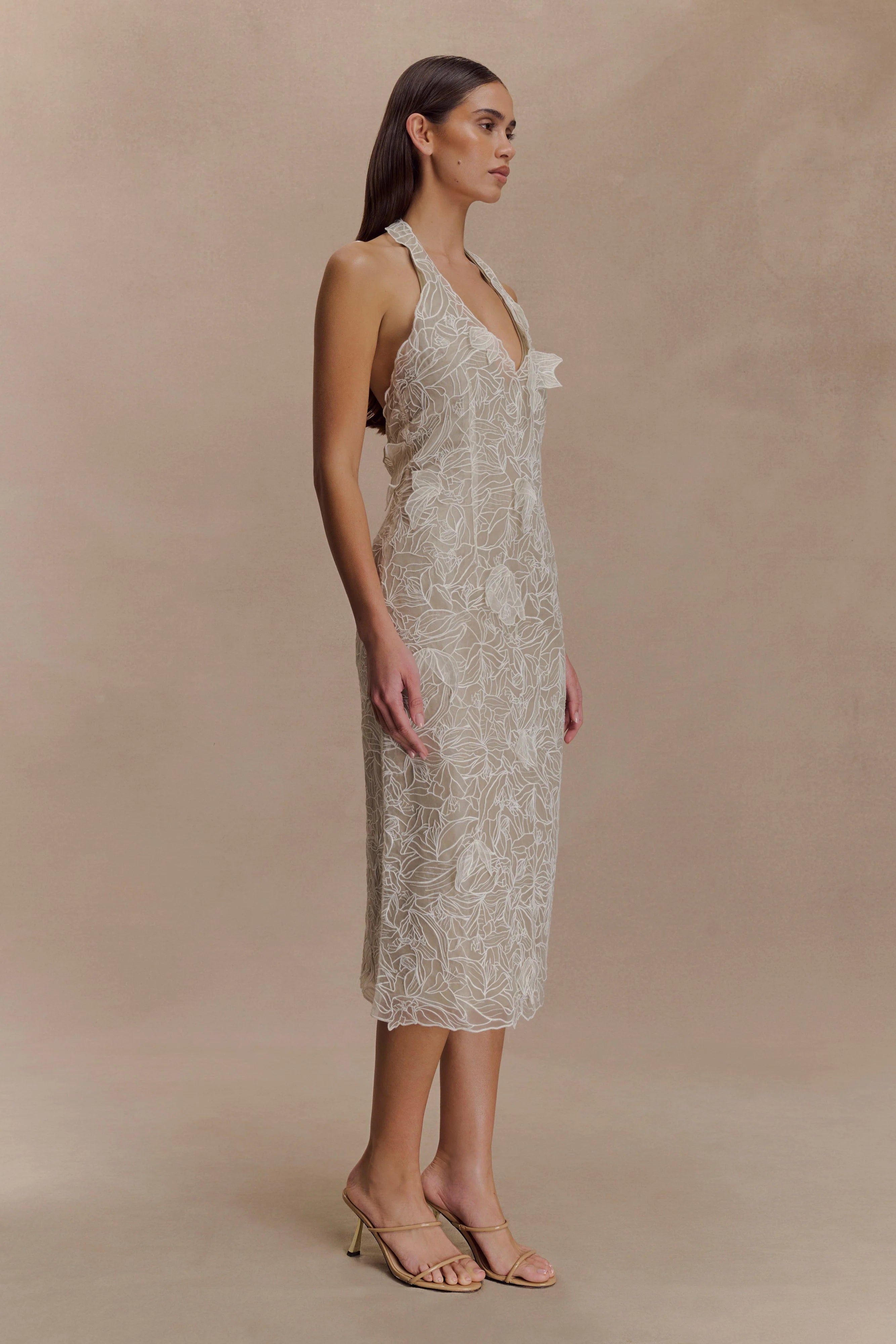 Lenore Silk Lace Halter Midi Dress - Ivory