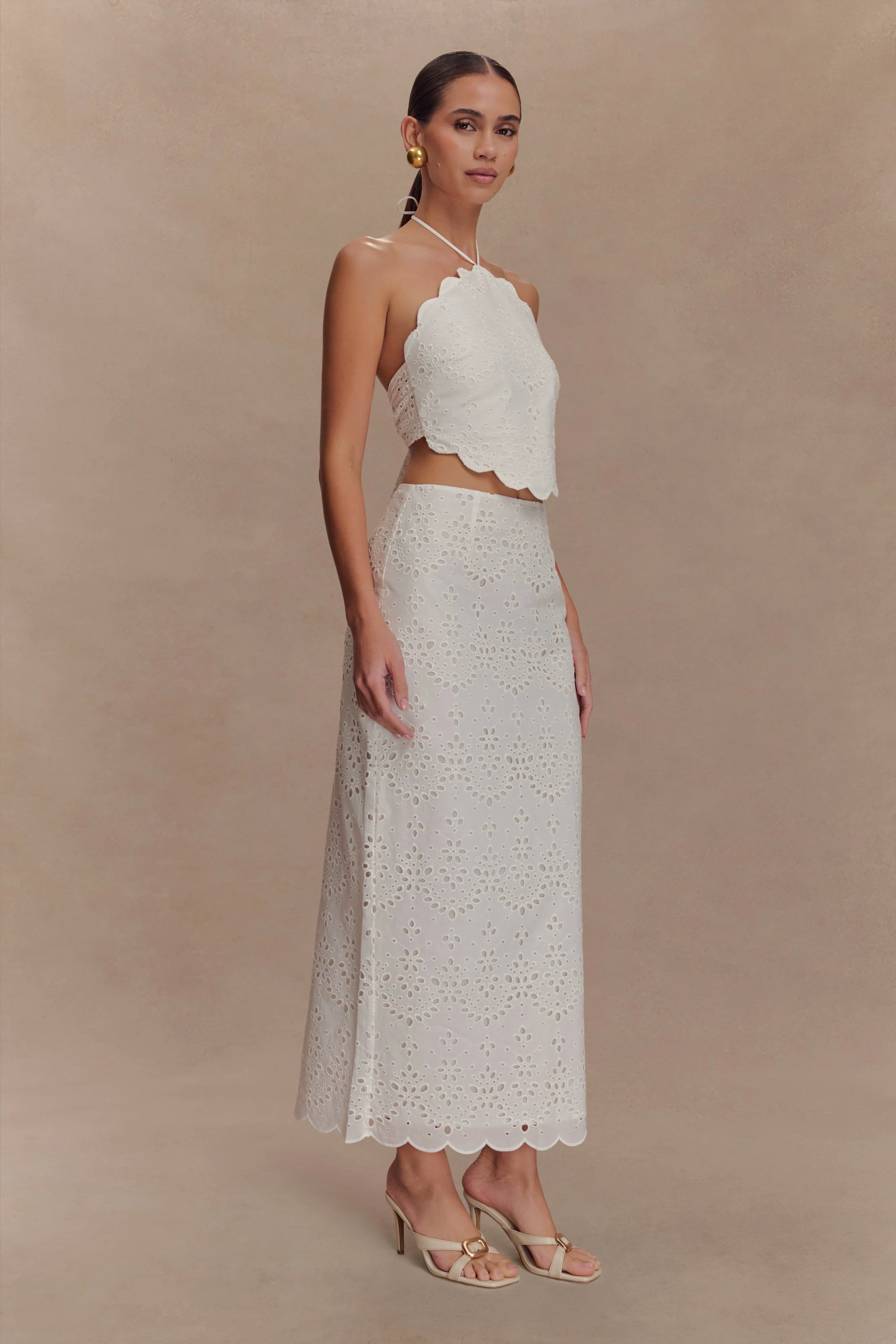 Kensley Broderie Halter Top - White